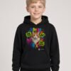 Boy wearing the black Nine Lives Puddy Tat Hoodie with Puddy Tat, the orange queen, in neon paint on the front