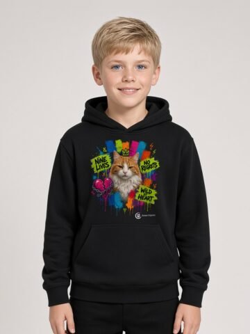 Boy wearing the black Nine Lives Puddy Tat Hoodie with Puddy Tat, the orange queen, in neon paint on the front