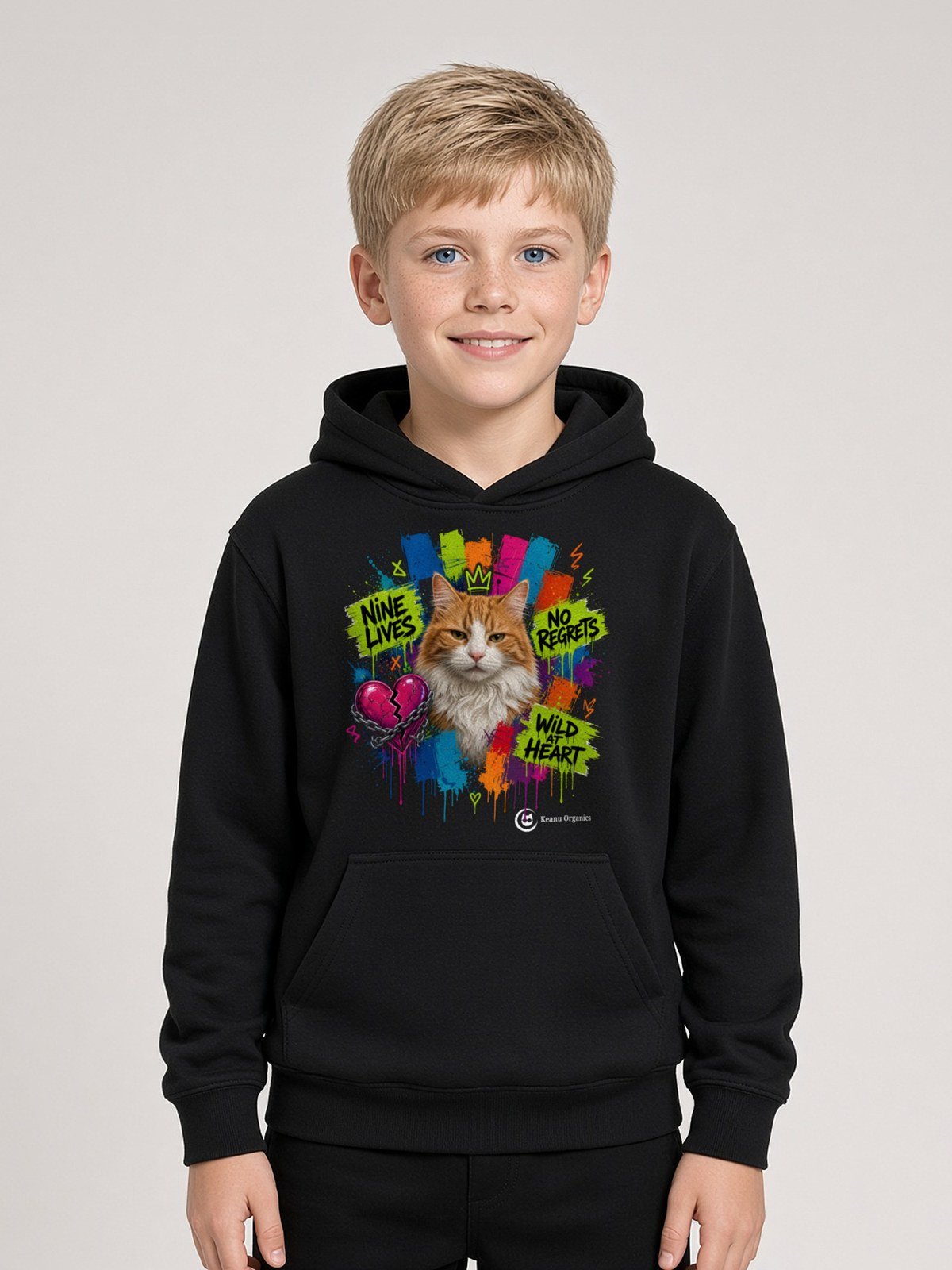Boy wearing the black Nine Lives Puddy Tat Hoodie with Puddy Tat, the orange queen, in neon paint on the front