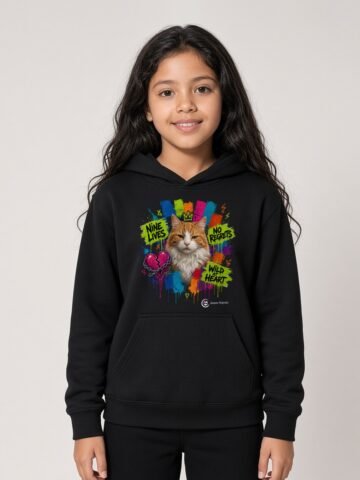 Girl wearing the black Nine Lives Puddy Tat Hoodie with Puddy Tat, the orange queen, in neon paint on the front
