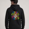 Back view of a man in the black Nine Lives Puddy Tat Midweight Hoodie — orange queen Puddy Tat crowned in neon paint with NINE LIVES, NO REGRETS and WILD AT HEART tags