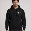 Man wearing the black Nine Lives Puddy Tat Midweight Hoodie with a white Keanu Organics chest logo