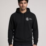 Man wearing the black Nine Lives Puddy Tat Midweight Hoodie with a white Keanu Organics chest logo
