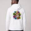 Back view of a man in the white Nine Lives Puddy Tat Midweight Hoodie — orange queen Puddy Tat crowned in neon paint with NINE LIVES, NO REGRETS and WILD AT HEART tags
