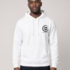 Man wearing the white Nine Lives Puddy Tat Midweight Hoodie with a black Keanu Organics chest logo