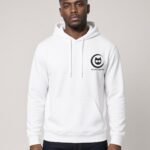 Man wearing the white Nine Lives Puddy Tat Midweight Hoodie with a black Keanu Organics chest logo