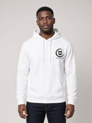Man wearing the white Nine Lives Puddy Tat Midweight Hoodie with a black Keanu Organics chest logo