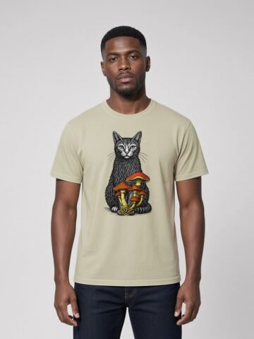 Man wearing the Stone Noble Cat Garment-Dyed Tee, front view