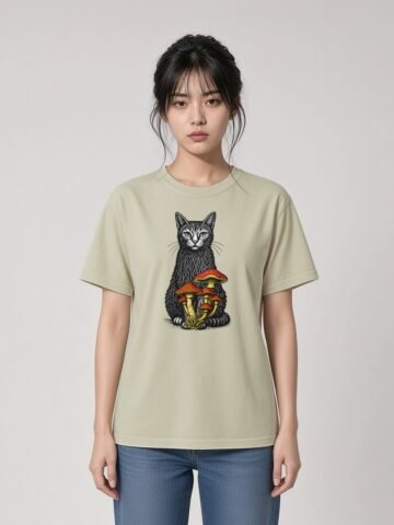 Woman wearing the Stone Noble Cat Garment-Dyed Tee, front view