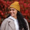 K Cat Beanie in Mustard Yellow – front view