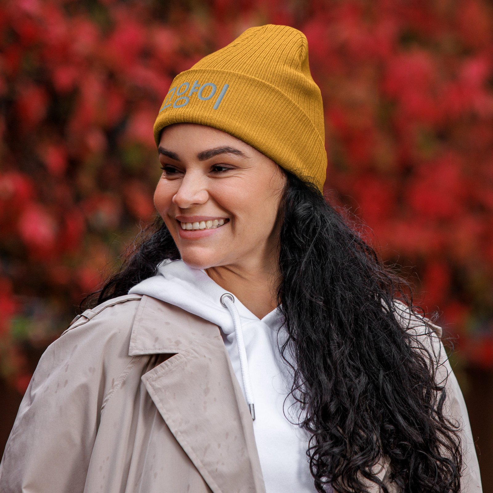 K Cat Beanie in Mustard Yellow – front view