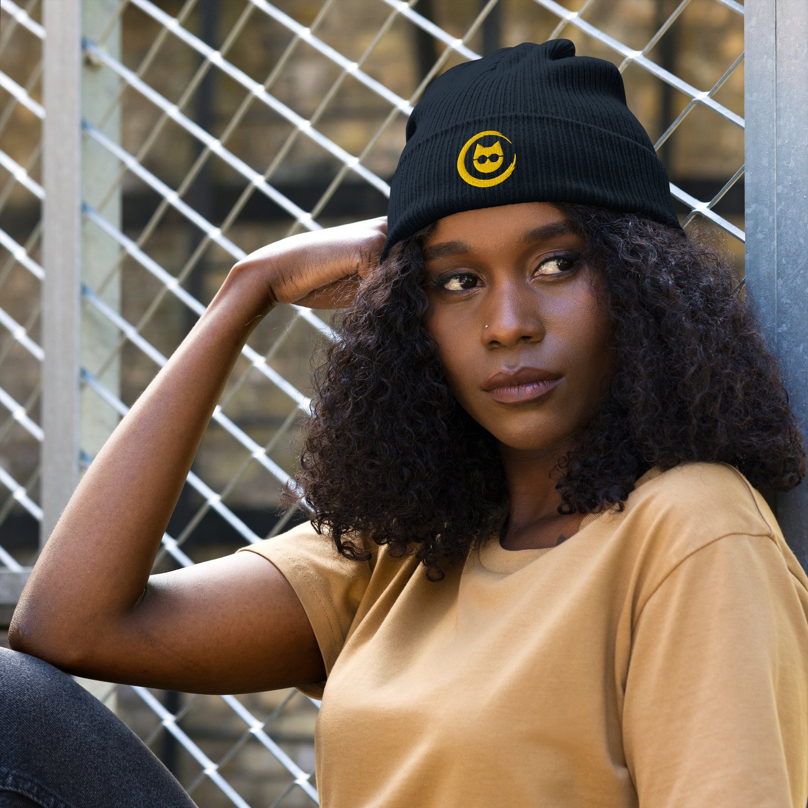 Keanu Gold Logo Beanie in Oxford Navy – front view