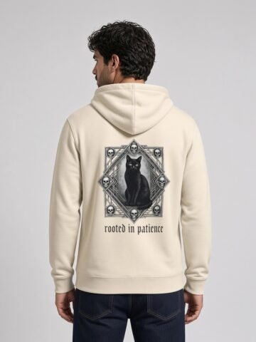 Man wearing the Bone Patience & Poison Midweight Hoodie, back view