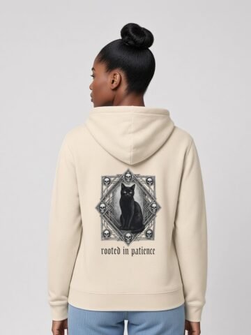 Woman wearing the Bone Patience & Poison Midweight Hoodie, back view
