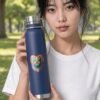 Prism Copper Bottle in navy held by model in the park