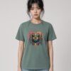 Woman wearing the Green Bay Prism garment-dyed tee, front view showing Keanu in sunglasses inside the prism heart