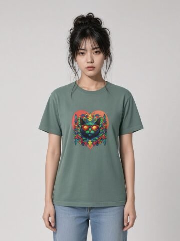 Woman wearing the Green Bay Prism garment-dyed tee, front view showing Keanu in sunglasses inside the prism heart