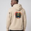 Man wearing the Desert Dust Prism Heavyweight Hoodie, back view showing Keanu in sunglasses inside the prism heart