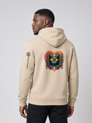 Man wearing the Desert Dust Prism Heavyweight Hoodie, back view showing Keanu in sunglasses inside the prism heart