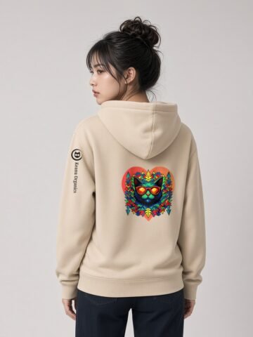 Woman wearing the Desert Dust Prism Heavyweight Hoodie, back view showing Keanu in sunglasses inside the prism heart