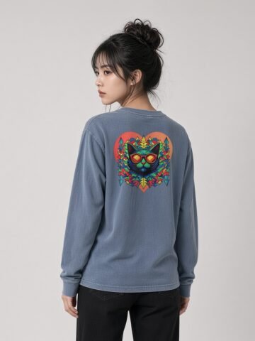Woman wearing the Blue Jean Prism long-sleeve tee, back view showing Keanu in sunglasses inside the prism heart