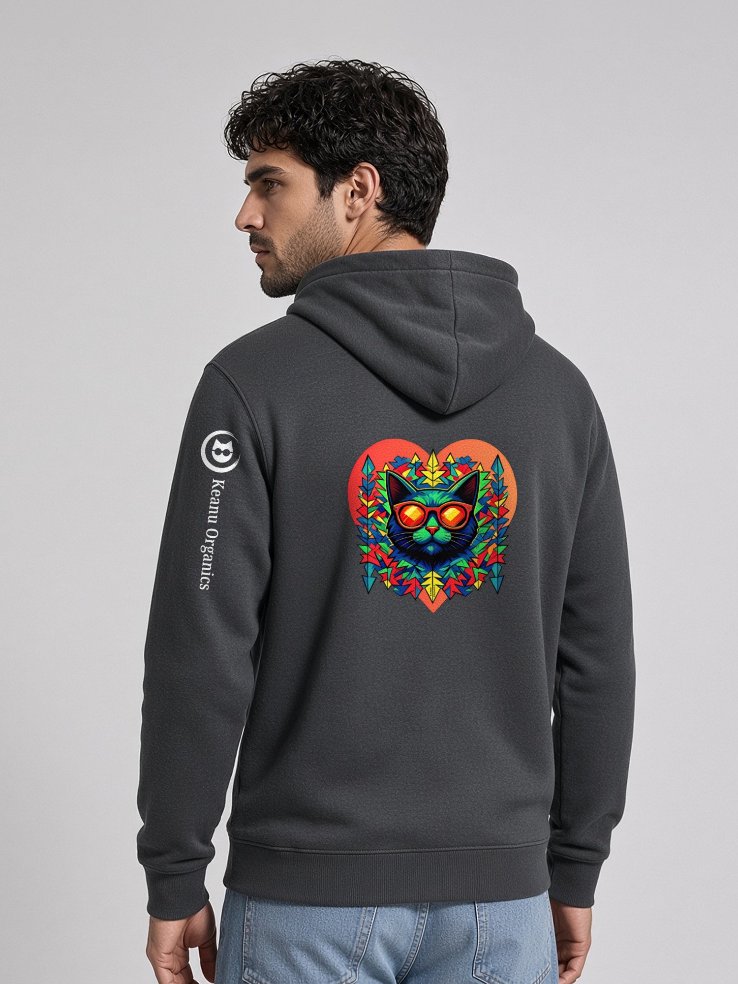 Prism Midweight Hoodie in Anthracite, man model back: Keanu in sunglasses inside a red-to-orange prism heart with geometric leaves