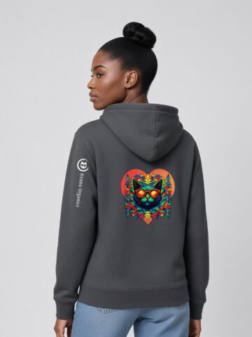 Prism Midweight Hoodie in Anthracite, woman model back: Keanu in sunglasses inside a red-to-orange prism heart with geometric leaves