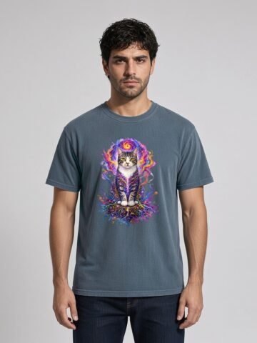 Man wearing the Deep Teal Prismatic Awakening Garment-Dyed Tee, front view