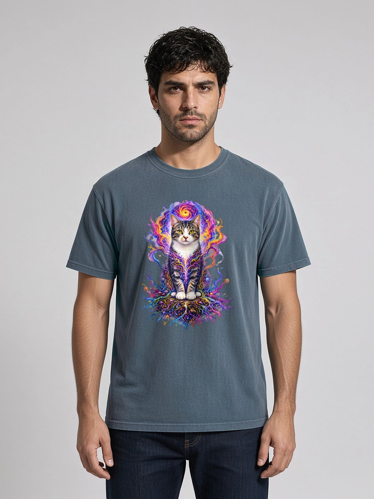 Man wearing the Deep Teal Prismatic Awakening Garment-Dyed Tee, front view