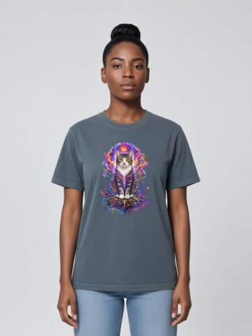Woman wearing the Deep Teal Prismatic Awakening Garment-Dyed Tee, front view