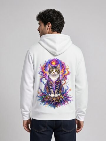 Man wearing the White Prismatic Awakening Heavyweight Hoodie, back view