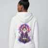 Woman wearing the White Prismatic Awakening Heavyweight Hoodie, back view