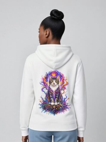 Woman wearing the White Prismatic Awakening Heavyweight Hoodie, back view