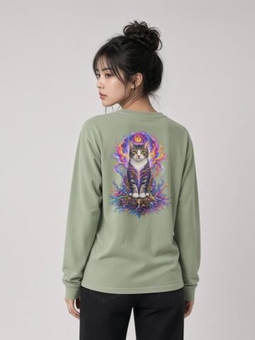 Woman wearing the Light Green Prismatic Awakening long-sleeve tee, back view showing the prismatic design