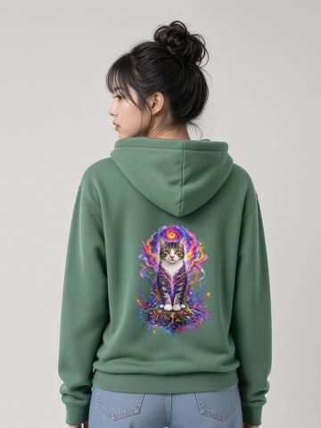 Woman wearing the Green Bay Prismatic Awakening Midweight Hoodie, back view