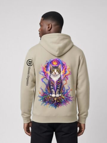 Man wearing the Desert Dust Prismatic Awakening Organic Heavyweight Hoodie, back view