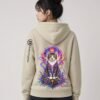 Woman wearing the Desert Dust Prismatic Awakening Organic Heavyweight Hoodie, back view