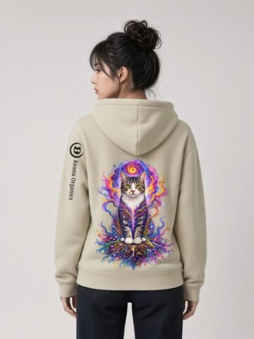 Woman wearing the Desert Dust Prismatic Awakening Organic Heavyweight Hoodie, back view