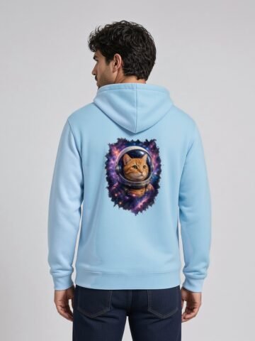 Man wearing the Blue Aqua Puddy's Odyssey Midweight Hoodie, back view
