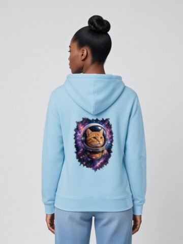 Woman wearing the Blue Aqua Puddy's Odyssey Midweight Hoodie, back view