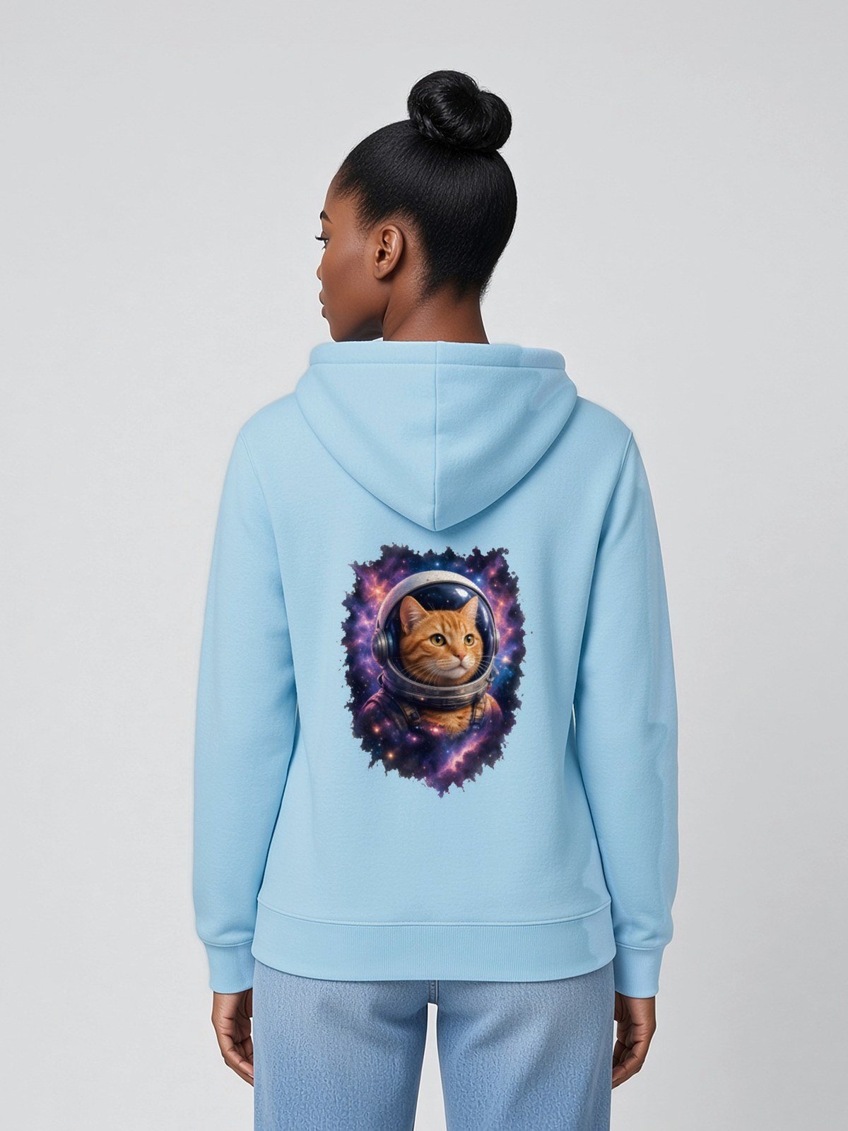 Woman wearing the Blue Aqua Puddy's Odyssey Midweight Hoodie, back view