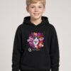 Boy wearing the black Purr-fectly Me Hoodie with Keanu in a crown and paint splashes on the front