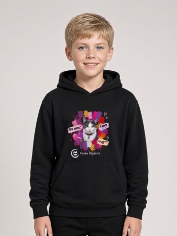 Boy wearing the black Purr-fectly Me Hoodie with Keanu in a crown and paint splashes on the front