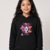 Girl wearing the black Purr-fectly Me Hoodie with Keanu in a crown and paint splashes on the front