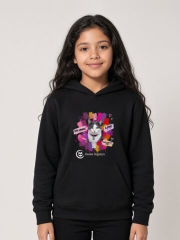 Girl wearing the black Purr-fectly Me Hoodie with Keanu in a crown and paint splashes on the front