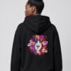 Back of the black Purr-fectly Me Midweight Hoodie showing Keanu in a paint-splash full back print