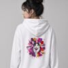 Back of the white Purr-fectly Me Midweight Hoodie showing Keanu in a paint-splash full back print