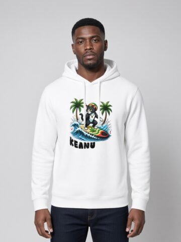 Man wearing the White Rasta Waves side-pocket hoodie, front view