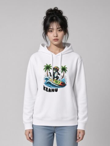 Woman wearing the White Rasta Waves side-pocket hoodie, front view