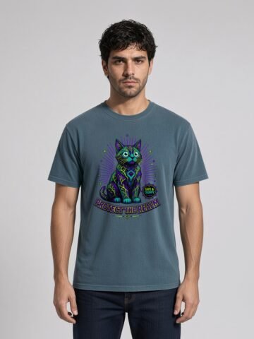Man wearing the Deep Teal Realm Guardian garment-dyed tee, front view